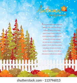 Autumn garden with bushes and fence.Vector