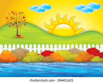 Autumn garden with bushes and fence.Vector