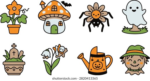 Autumn garden collection featuring spooky floral designs ghost statue mushroom house and pumpkin bucket