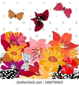 Autumn garden colors. Seamless vector border with large flowers and butterflies on white dotted background. Retro textile collection.
