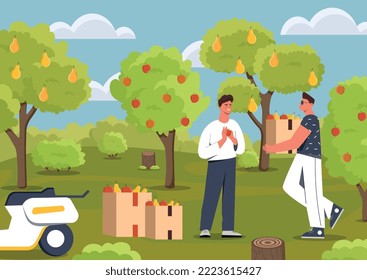 Autumn garden concept. Men harvesting, farming and agriculture, rural landscape. Young guys carry boxes of apples and pears. Natural, fresh and organic products. Cartoon flat vector illustration