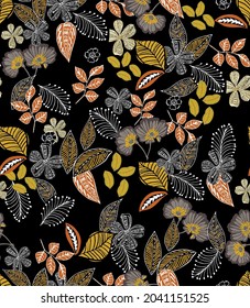 Autumn  garden flowers design. Floral seamless work 