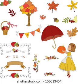 Autumn garden hand drawn clip-art. Borders, flowers, leaves, girl, umbrella, basket, banner.