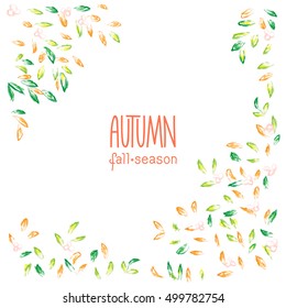 Autumn garden, hand drawn vector background. Colorful leaves clip art, isolated on white. Bright design element for postcard, greeting card, banner or print advertising
