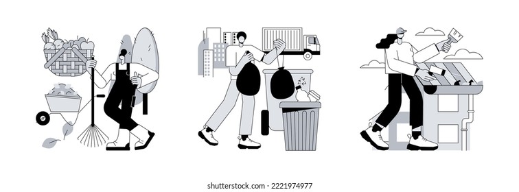 Autumn garden maintenance abstract concept vector illustration set. Fall clean-up, junk removal, gutter cleaning, mulching and leaf removal, lawn care, yard waste disposal service abstract metaphor.