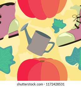 Autumn garden pattern. Pumpkins and boots. Vector fall pattern. Pumpkin harvest.