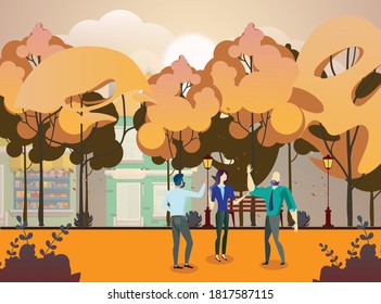 autumn garden. People at Backyard city landscape in autumn season
