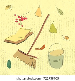 Autumn garden set. Pears, leaves, book, ash berry and bucket sketch illustration. Hand drawn vector image.