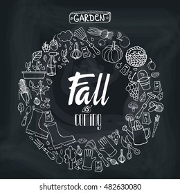 Autumn garden supplies in circle wreath.Vector hand drawing chalkboard.Tools,seeds,equipment, bulb composition,lettering fall is coming.Shop garden,farm,organic poster.Illustration.Vintage  
