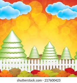 Autumn garden with trees and fence.Vector