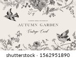Autumn Garden. Vector horizontal card. Flowers, birds, butterflies in black and white