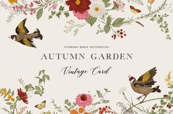 Autumn Garden. Vector Horizontal Card. Vintage Floral Elements. Flowers, Birds, Butterflies
