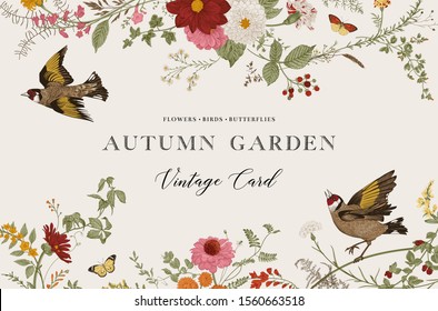 Autumn Garden. Vector Horizontal Card. Vintage Floral Elements. Flowers, Birds, Butterflies
