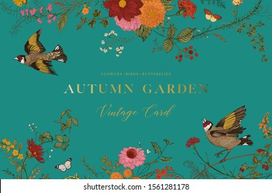 Autumn Garden. Vector horizontal card. Flowers, birds, butterflies
