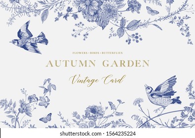 Autumn Garden. Vector horizontal card. Flowers, birds, butterflies. Blue and white. Toile de Jouy
