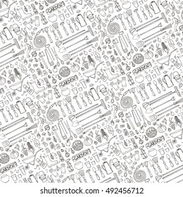 Autumn garden,harvest  pattern background.Vector Hand drawn vector sketch elements:garden tool,bulbs,fruits,mushrooms,farm boarding equipment.Gardening fall symbols,retro vector elements.Chalkboard