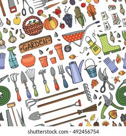 Autumn garden,harvest  seamless pattern.Vector Hand drawn vector sketch elements:garden tool,bulbs,fruits,mushrooms,farm boarding equipment.Gardening fall symbols,vintage,retro vector elements.