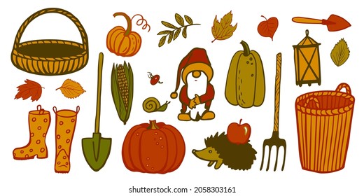 Autumn gardening set: falling leaves, pumpkin, boots, gnome, gardening tools, lantern, hedgehog, basket and other. Fall season elements for scrapbook, card, poster, invitation, sticker design. Vector.