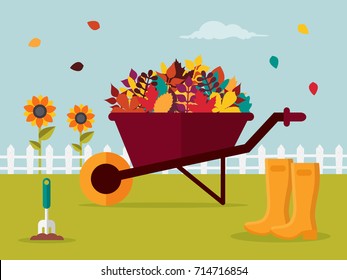 Autumn Gardening. Wheelbarrow with Colorful Autumn Leaves, Sunflower and Rubber Boots in Garden. Flat Design Style. 