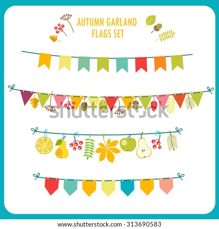 Autumn Garland And Flags Set. Festive Clip Art. Vector On White Background. Garland Rug. Garland Lights. Garland Decorations. Garland Banner. Garland Flowers. Garland Tassel.