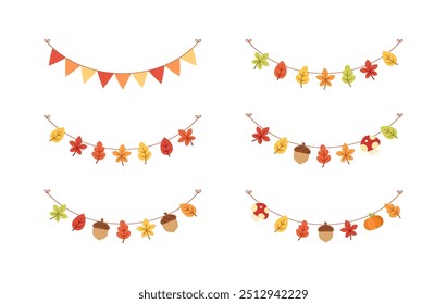 Autumn garland, graphic elements for Fall and Thanksgiving season set. Vector isolated on white background.
