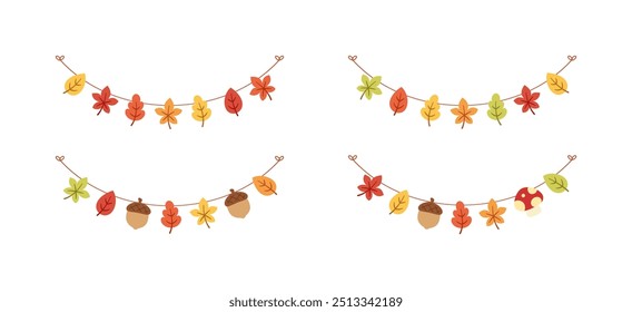 Autumn garland, graphic elements for Fall and Thanksgiving season set. Vector isolated on white background.
