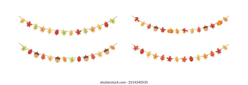 Autumn garland, graphic elements for Fall and Thanksgiving season set. Vector isolated on white background.