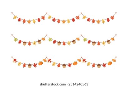 Autumn garland, graphic elements for Fall and Thanksgiving season set. Vector isolated on white background.