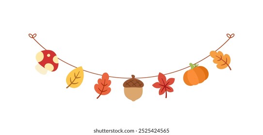 Autumn garland, graphic elements for Fall and Thanksgiving season. Vector isolated on white background.