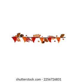 Autumn garland with leaves, acorns and flags. Vector illustration of fall garland. Cartoon garland with leaves and flags isolated on white. Thanksgiving decor concept