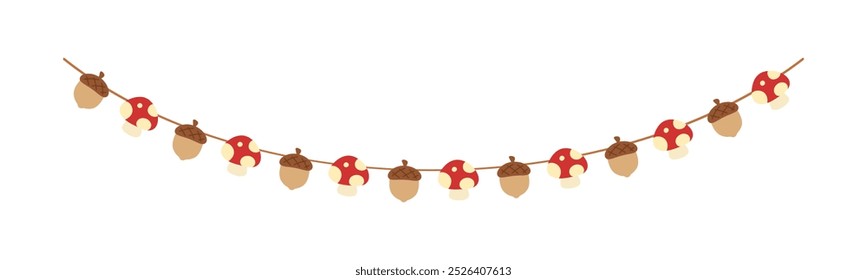 Autumn garland, mushroom and acorn, graphic elements for Fall and Thanksgiving season. Vector isolated on white background.