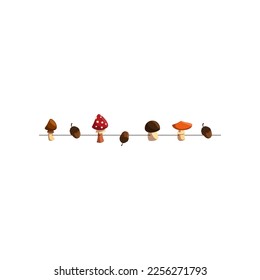Autumn garland with mushrooms. Vector illustration of fall garland. Cartoon garland with mushrooms and sprigs with acorns isolated on white. Thanksgiving decor concept