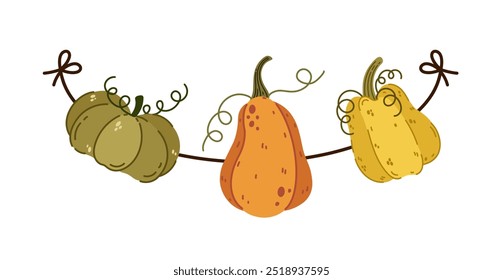 Guirnalda del otoño con las calabazas jugosas maduras, icono del Vector. Coloridas calabazas de jardín cuelgan de una cuerda. Decoración de verduras de temporada para Halloween, Acción de Gracias. Doodle de dibujos animados, Clipart acogedor dibujado a mano