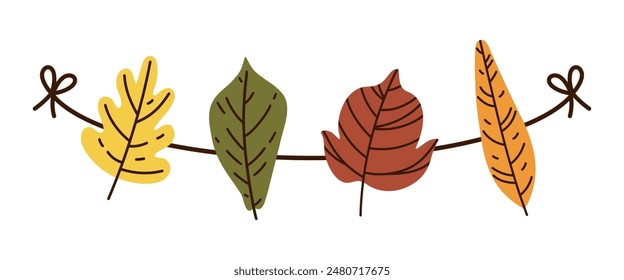 Autumn garland, vector icon. Colorful fallen leaves hang on a string. Red, yellow, orange plants, foliage of forest trees. Leaf of oak, maple, chestnut. Seasonal decoration for Thanksgiving, Halloween