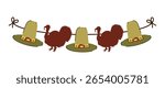 Autumn garland, vector icon. Turkey silhouette and pilgrim hats hang on a string. Colorful decoration for fall party, Thanksgiving. Seasonal festive banner, a holiday of gratitude. Doodle flat clipart