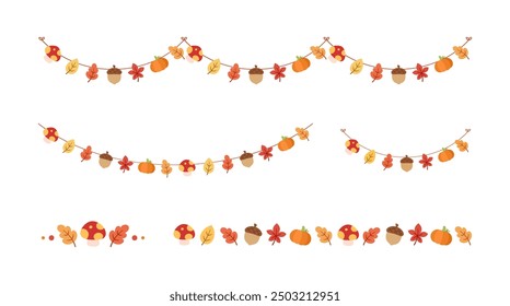 Autumn garlands and borders design elements set. Fall Thanksgiving themed graphics collection. Vector illustration.