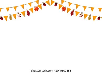 Autumn garlands - holiday flags, leaves, acorns on white background. Fall season decoration elements.