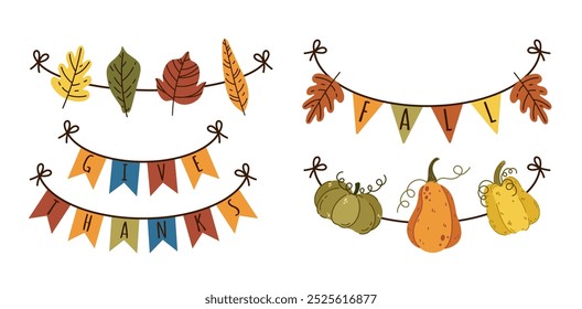 Autumn garlands vector set. Colorful decorations with pumpkins, fallen leaves, fabric flags. Seasonal symbols hanging on a rope. Isolated clipart for Thanksgiving party. Cartoon doodle, hand drawn