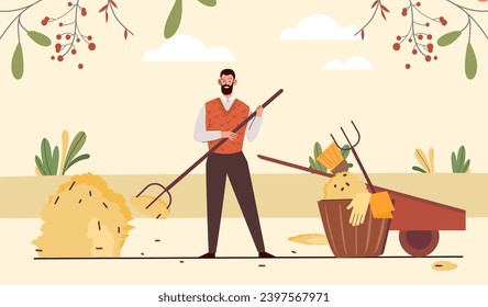 Autumn gathering concept. Man with rakes near haystack. Young guy with leaves and foliage. Person picking up harvest. Farming and agriculture, village. Cartoon flat vector illustration