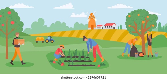 Autumn gathering, farmers collect harvest fruits and vegetables in garden. Vector of farmer and fruit illustration, autumn agriculture farming