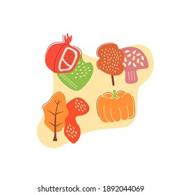 Autumn gathering flat vector concept illustration with abstract shapes. Mushroom foraging in fall season. Ripe pumpkin and pomegranate. Harvest. Raw vegetables and fruits 2D organic cartoon elements