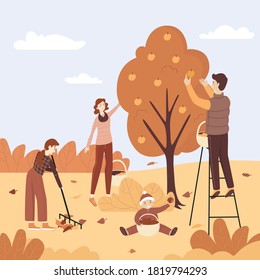 Autumn gathering fruits in orchard. Happy family picking apples and sweeping leaves in garden. Vector flat cartoon illustration