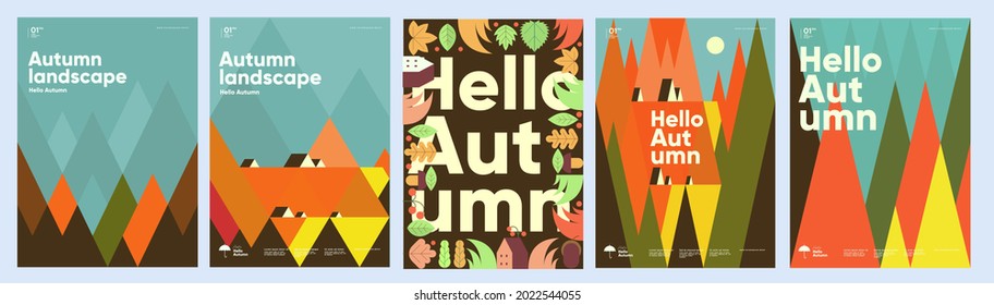 Autumn. Geometric abstractions and lettering. Set of vector illustrations. Patterns and simple pictures. Hello Autumn. Background for sale banner, poster, flyer, cover. 