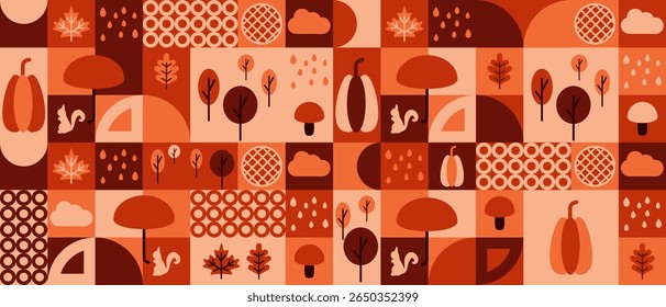 Autumn geometric background and abstract Thanksgiving pattern. Pumpkin, pie, oak leaf flat geometry graphic for invitation cover or promotion mosaic. Squirrel and rain ornament illustration vector