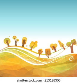 Autumn geometric background. Trees and grass on wave triangles background. There is place for your text on the top.
