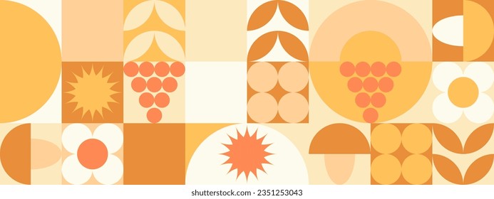 Autumn geometric background, yellow and orange ornament with leaves and mushrooms. Mosaic seamless pattern in earthy tones.