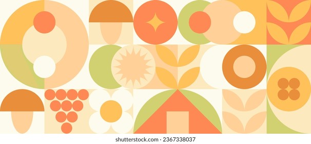 Autumn geometric background, yellow and orange ornament with leaves and mushrooms. Mosaic seamless pattern in earthy tones.