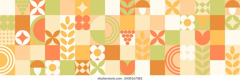 Autumn geometric background, yellow and orange ornament with leaves and mushrooms. Mosaic seamless pattern in earthy tones.	