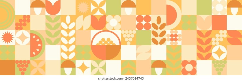 Autumn geometric background, yellow and orange ornament with leaves and mushrooms. Mosaic seamless pattern in earthy tones.	