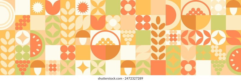 Autumn geometric background, yellow and orange ornament with leaves and mushrooms. Mosaic seamless pattern in earthy tones.	